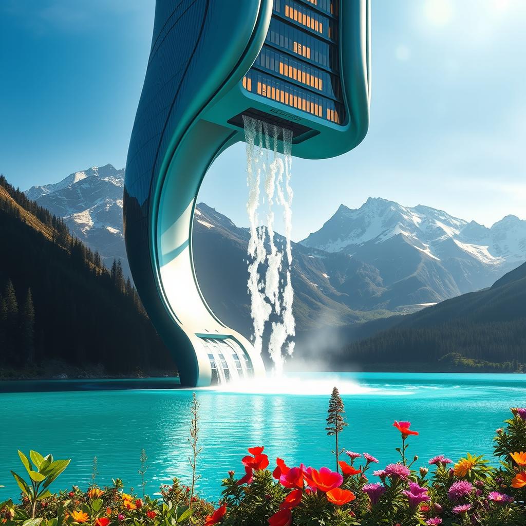 A breathtaking scene showcasing a futuristic skyscraper with smooth, twisted, and streamlined lines, hovering effortlessly above a tranquil turquoise lake