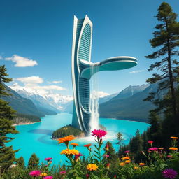 A breathtaking scene showcasing a futuristic skyscraper with smooth, twisted, and streamlined lines, hovering effortlessly above a tranquil turquoise lake