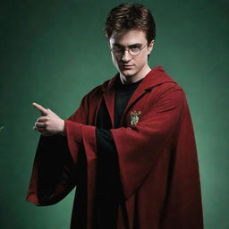 Harry Potter with devilish characteristics, wearing a slick red and black robe, his green eyes gleaming mischievously as he casts a spell with his wand.