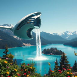 A breathtaking scene showcasing a futuristic skyscraper with smooth, twisted, and streamlined lines, hovering effortlessly above a tranquil turquoise lake