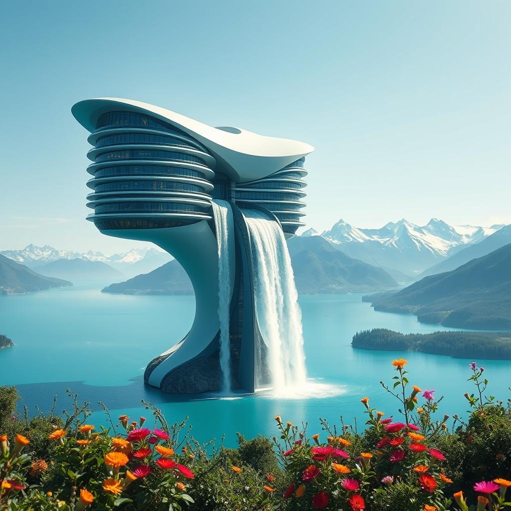 A breathtaking scene showcasing a futuristic skyscraper with smooth, twisted, and streamlined lines, hovering effortlessly above a tranquil turquoise lake