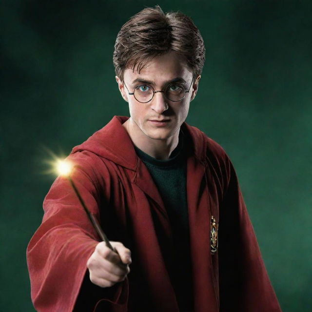 Harry Potter with devilish characteristics, wearing a slick red and black robe, his green eyes gleaming mischievously as he casts a spell with his wand.