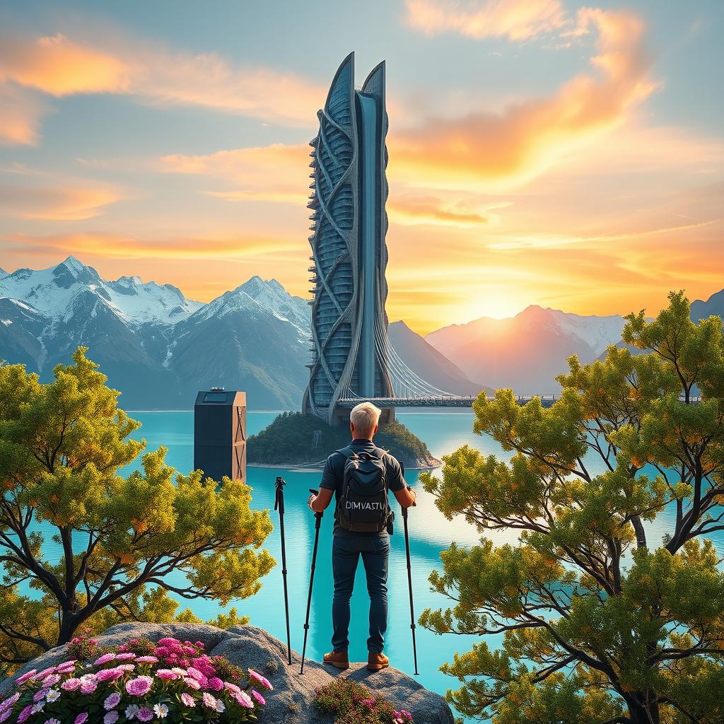 A super realistic image of an architect with light-colored hair standing on a flower-covered rock, facing away with trekking poles in hand