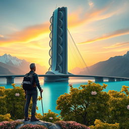 A super realistic image of an architect with light-colored hair standing on a flower-covered rock, facing away with trekking poles in hand