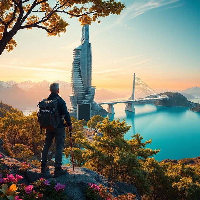 A super realistic image of an architect with light-colored hair standing on a flower-covered rock, facing away with trekking poles in hand