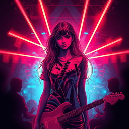 A poster for a rock concert in an abstract style with vibrant neon colors where red is the dominant shade