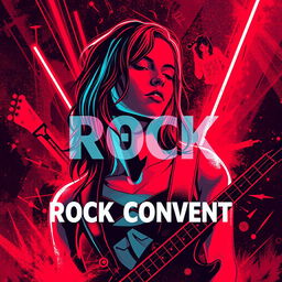 A poster for a rock concert in an abstract style with vibrant neon colors where red is the dominant shade