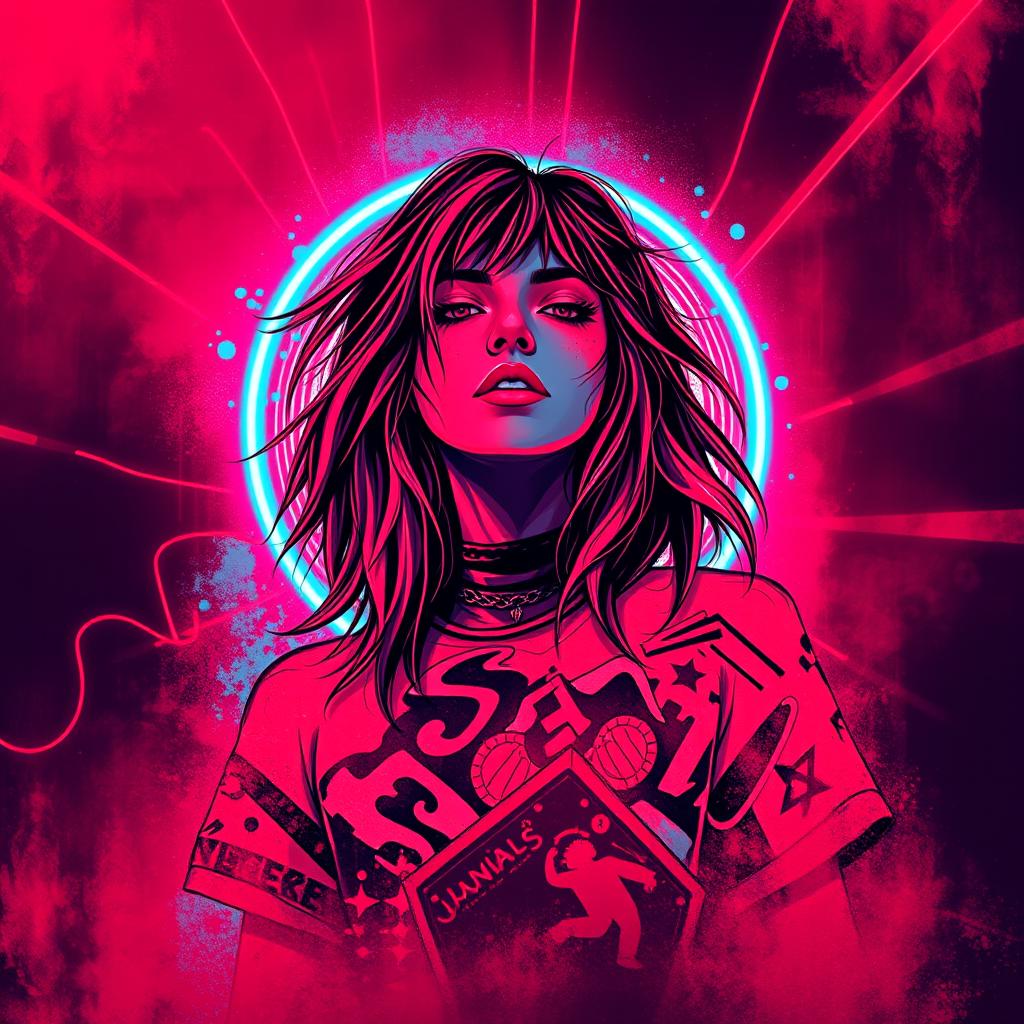 A poster for a rock concert in an abstract style with vibrant neon colors where red is the dominant shade