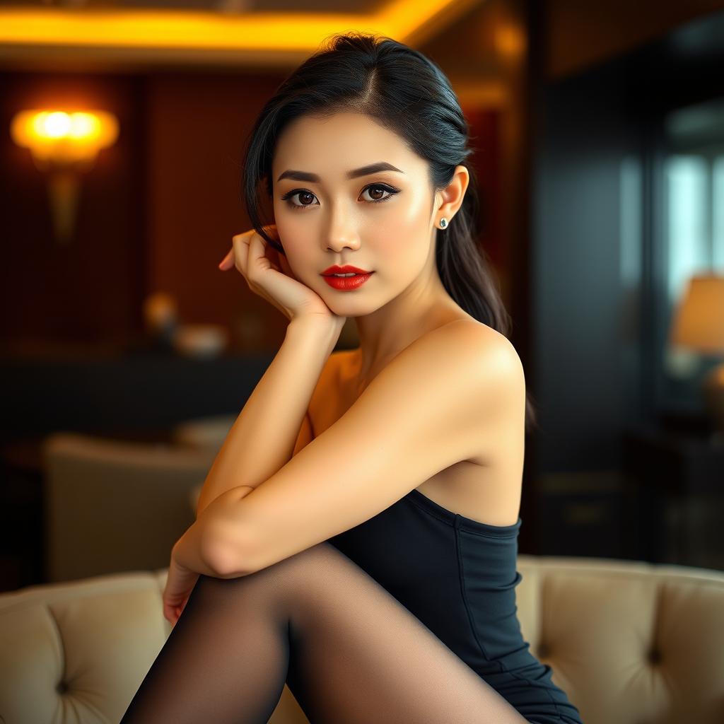 An elegant Asian woman wearing black nylon stockings, posed gracefully in a stylish and sophisticated setting