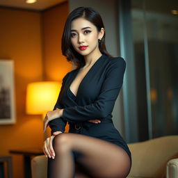 An elegant Asian woman wearing black nylon stockings, posed gracefully in a stylish and sophisticated setting