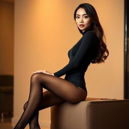 An elegant Asian woman wearing black nylon stockings, posed gracefully in a stylish and sophisticated setting