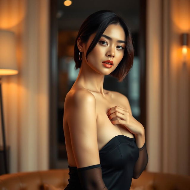 An elegant Asian woman wearing black nylon stockings, posed gracefully in a stylish and sophisticated setting