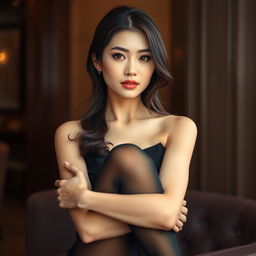 An elegant Asian woman wearing black nylon stockings, posed gracefully in a stylish and sophisticated setting