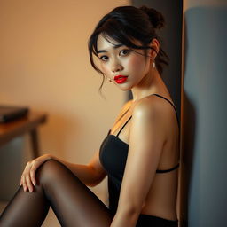 An Asian woman wearing black nylon stockings, confidently posed in a fashion-forward setting