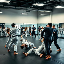 A dynamic scene inside a modern grappling academy showing athletes engaged in various forms of grappling martial arts such as Brazilian Jiu-Jitsu, wrestling, and judo