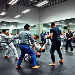 A dynamic scene inside a modern grappling academy showing athletes engaged in various forms of grappling martial arts such as Brazilian Jiu-Jitsu, wrestling, and judo