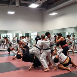 A dynamic scene inside a modern grappling academy showing athletes engaged in various forms of grappling martial arts such as Brazilian Jiu-Jitsu, wrestling, and judo