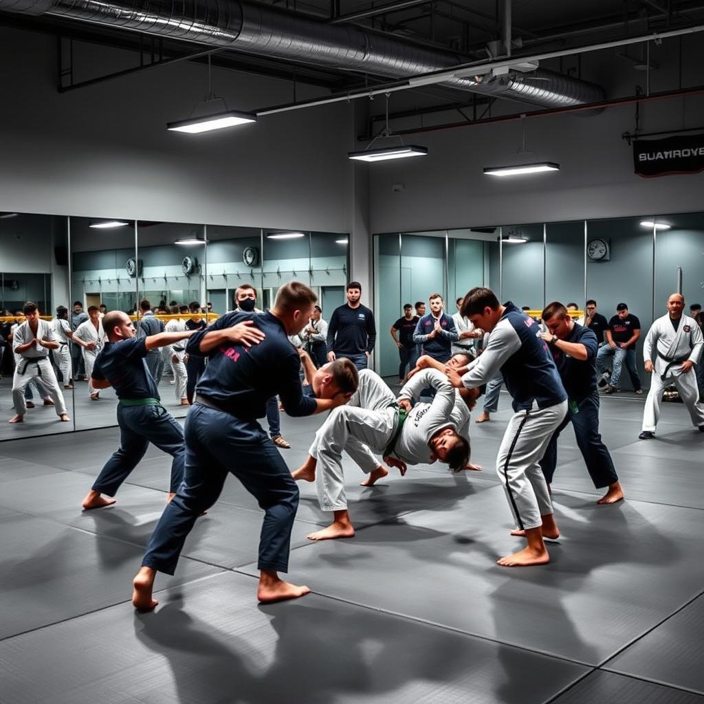 A dynamic scene inside a modern grappling academy showing athletes engaged in various forms of grappling martial arts such as Brazilian Jiu-Jitsu, wrestling, and judo