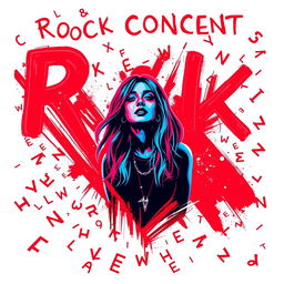 A rock concert poster with neon colors in an abstract style, featuring red and blue as the main colors