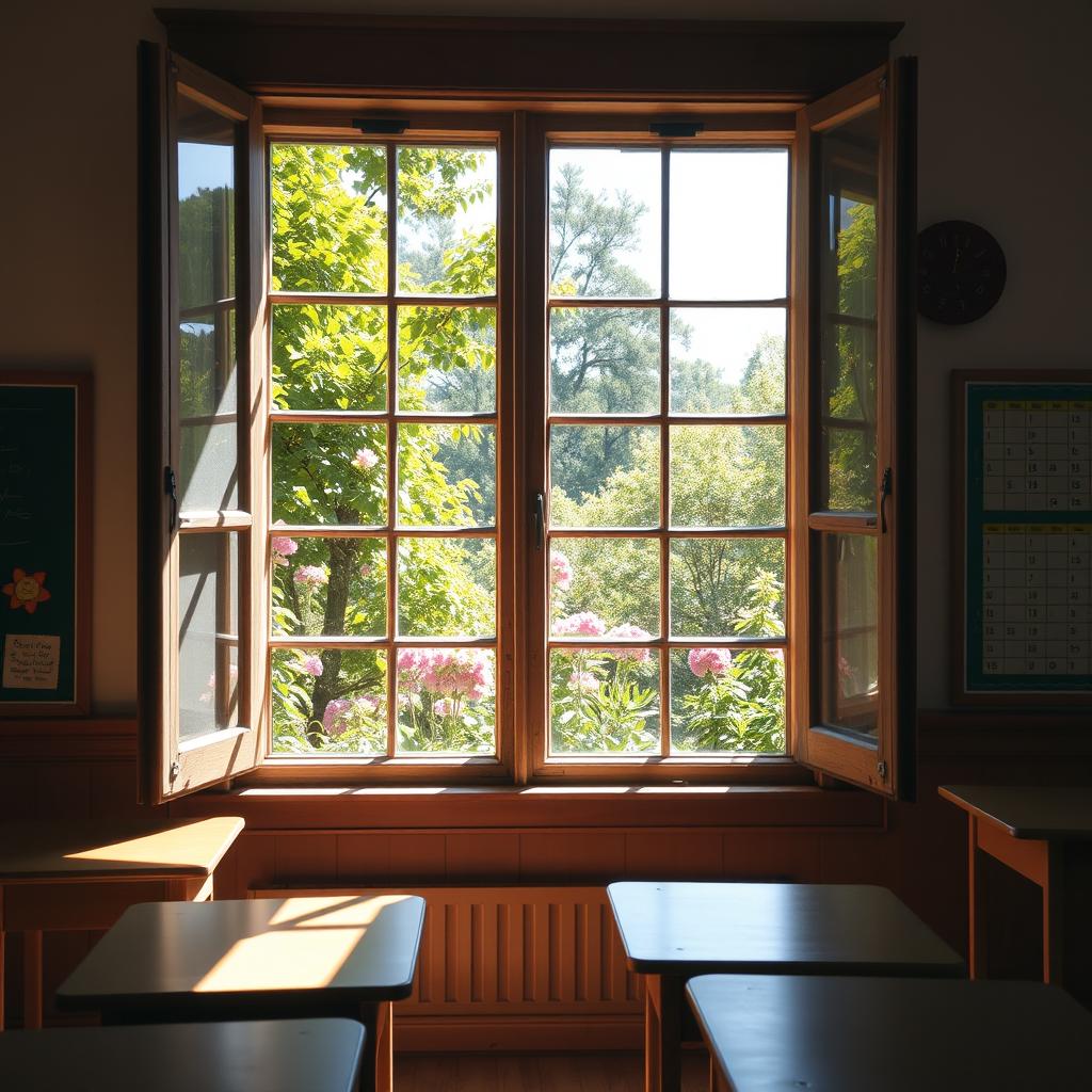 A picturesque school window view, showcasing lush greenery and blooming flowers outside