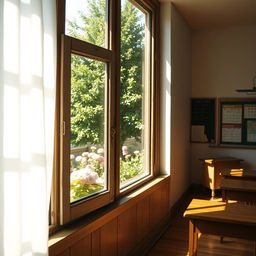 A picturesque school window view, showcasing lush greenery and blooming flowers outside