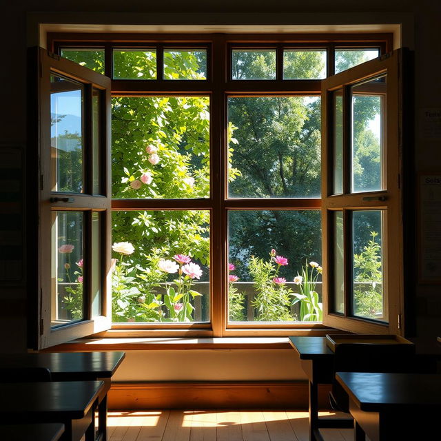 A picturesque school window view, showcasing lush greenery and blooming flowers outside