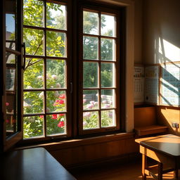 A picturesque school window view, showcasing lush greenery and blooming flowers outside