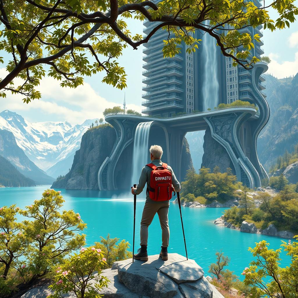 A super realistic image of an architect with light-colored hair standing on a flower-covered rock, facing away with trekking poles in hand