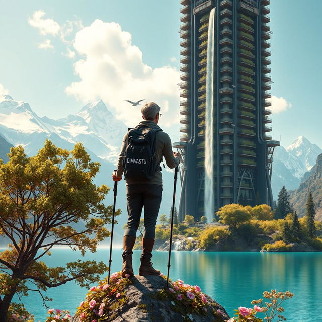 A super realistic image of an architect with light-colored hair standing on a flower-covered rock, facing away with trekking poles in hand