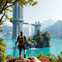 A super realistic image of an architect with light-colored hair standing on a flower-covered rock, facing away with trekking poles in hand