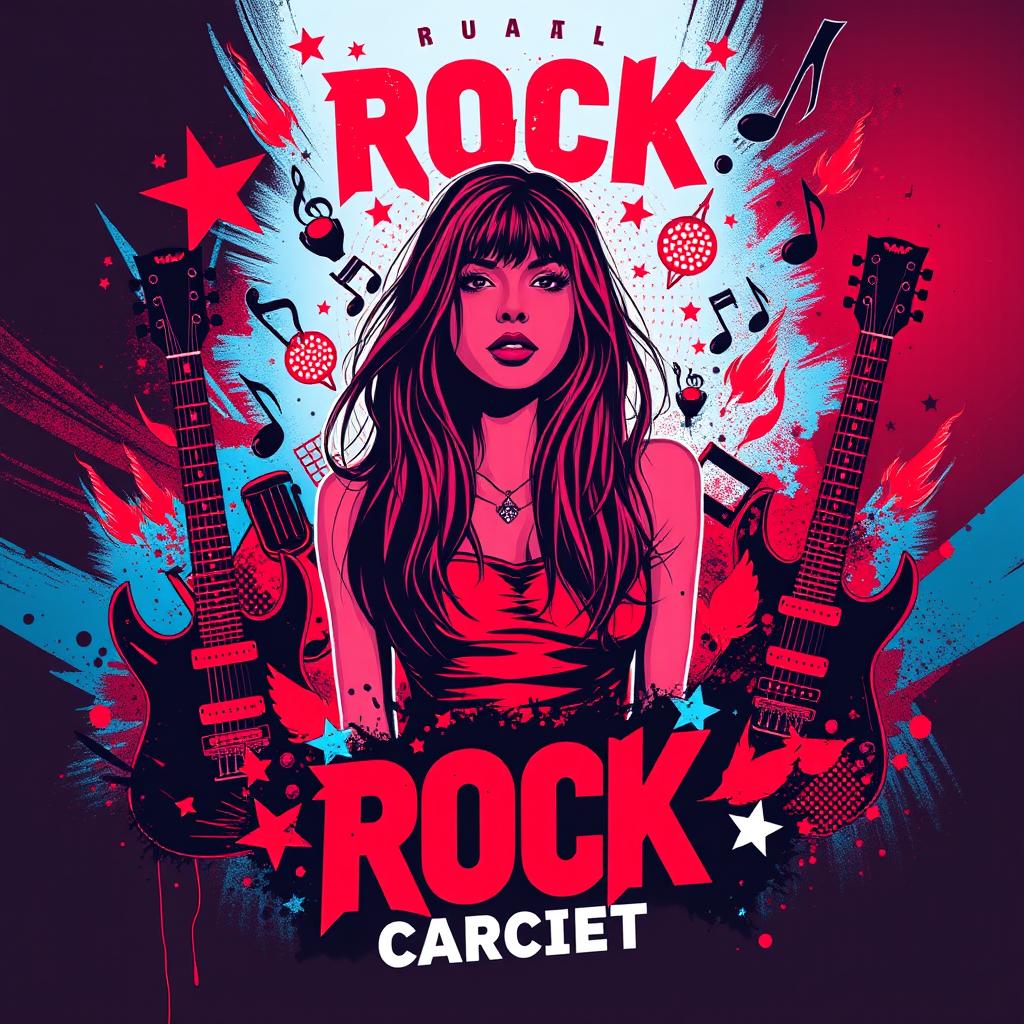 A rock concert poster with neon colors in an abstract style, featuring red and blue as the primary colors