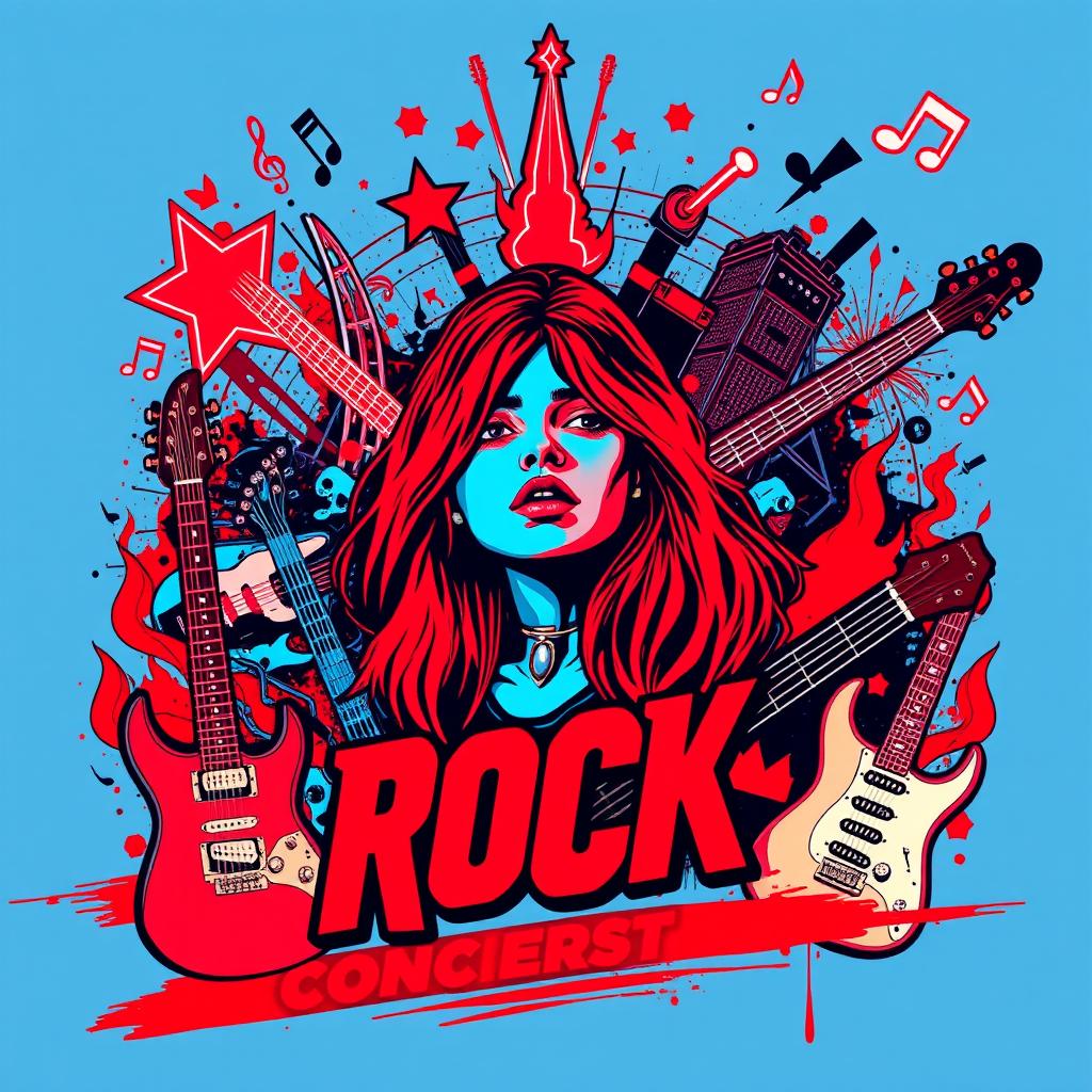 A rock concert poster with neon colors in an abstract style, featuring red and blue as the primary colors