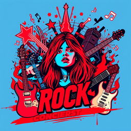 A rock concert poster with neon colors in an abstract style, featuring red and blue as the primary colors