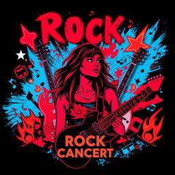 A rock concert poster with neon colors in an abstract style, featuring red and blue as the primary colors