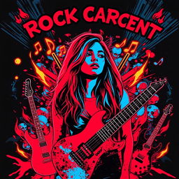 A rock concert poster with neon colors in an abstract style, featuring red and blue as the primary colors