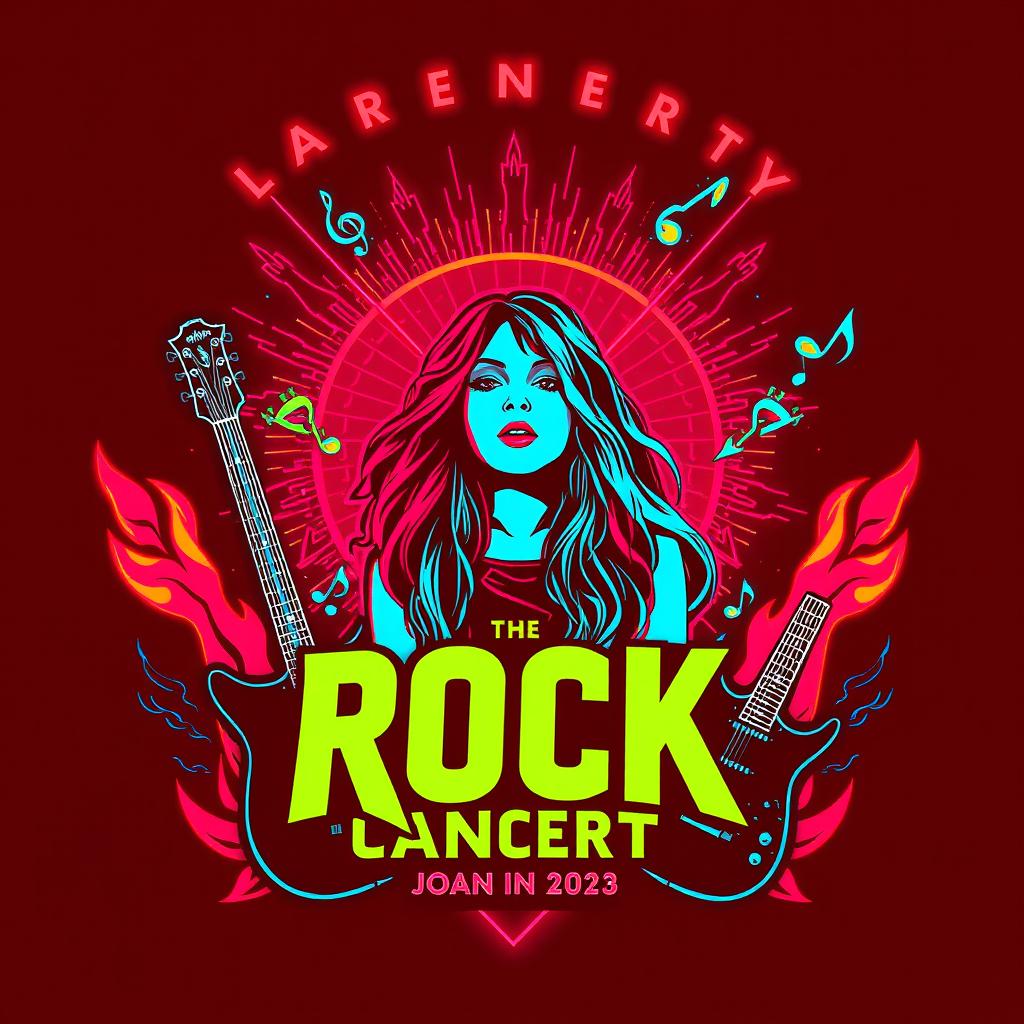 A rock concert poster with neon colors in an abstract style, featuring red and blue as the main colors