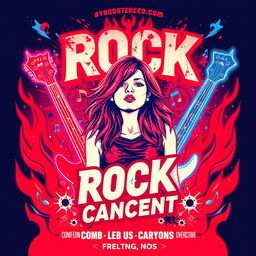 A rock concert poster with neon colors in an abstract style, featuring red and blue as the main colors