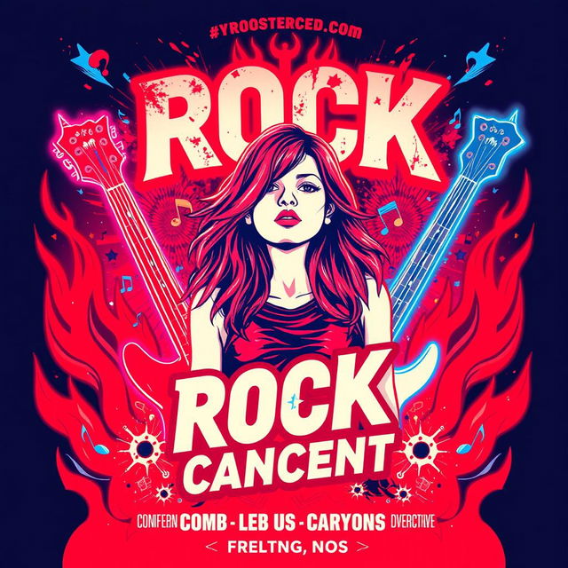 A rock concert poster with neon colors in an abstract style, featuring red and blue as the main colors