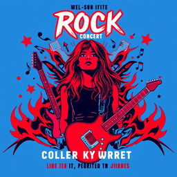A rock concert poster with neon colors in an abstract style, featuring red and blue as the main colors