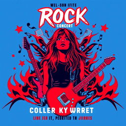 A rock concert poster with neon colors in an abstract style, featuring red and blue as the main colors