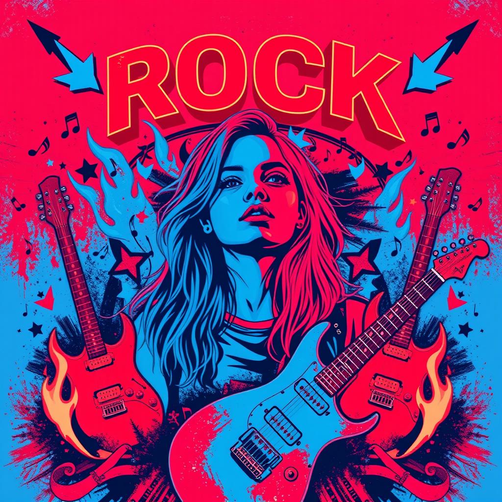 A rock concert poster with neon colors in an abstract style, prominently featuring red and blue hues