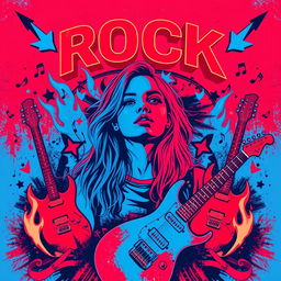 A rock concert poster with neon colors in an abstract style, prominently featuring red and blue hues