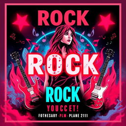 A rock concert poster with neon colors in an abstract style, prominently featuring red and blue hues