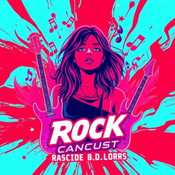 A rock concert poster with neon colors in an abstract style, prominently featuring red and blue hues