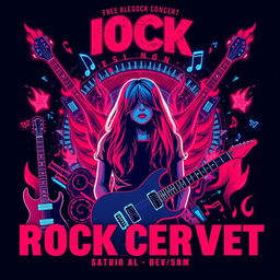 A rock concert poster with neon colors in an abstract style, prominently featuring red and blue hues