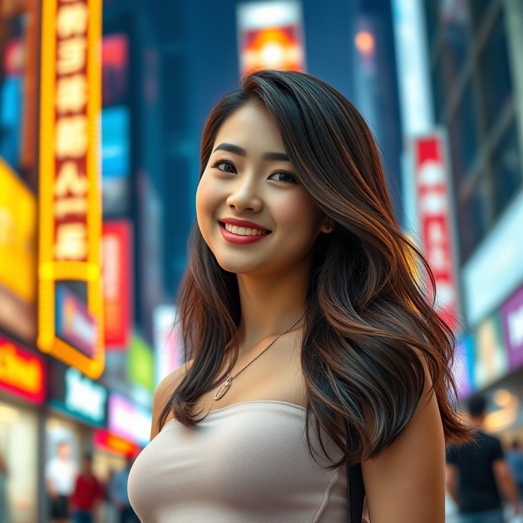 A beautiful Asian girl wearing a stylish crop top, standing confidently in a vibrant urban setting