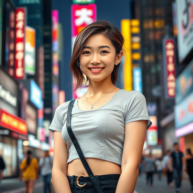 A beautiful Asian girl wearing a stylish crop top, standing confidently in a vibrant urban setting