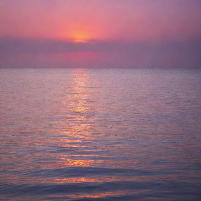 A vibrant sunset over a calm sea, with shades of purple, orange, and pink merging into each other and reflecting off the water.