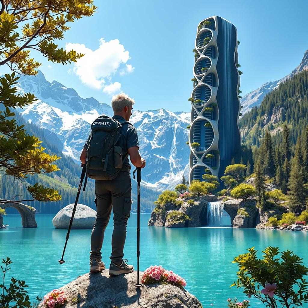 A super realistic scene of an architect with light-colored hair standing on a flower-covered rock, supporting himself with trekking poles in hand