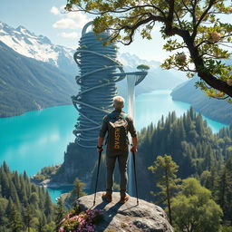 A super realistic scene of an architect with light-colored hair standing on a flower-covered rock, supporting himself with trekking poles in hand